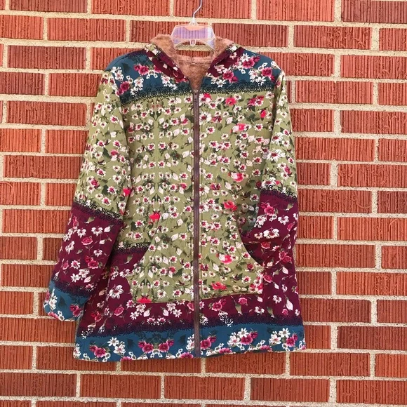 womens 2xl floral hoodie jacket zip up green burgundy blue fleece lined - Picture 11 of 11